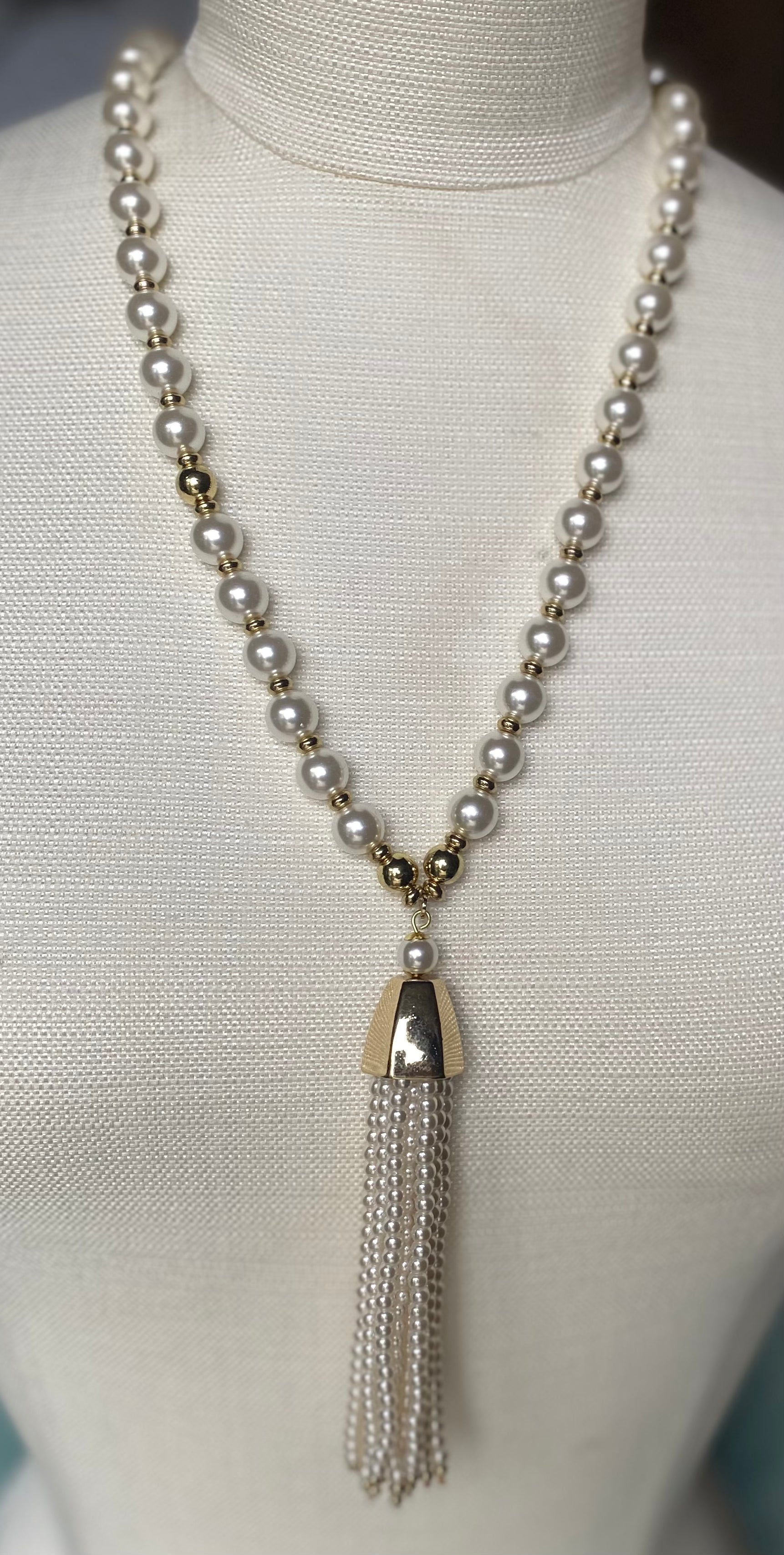 Long Pearl W/ Metal Accents, Beaded Tassel Pendant