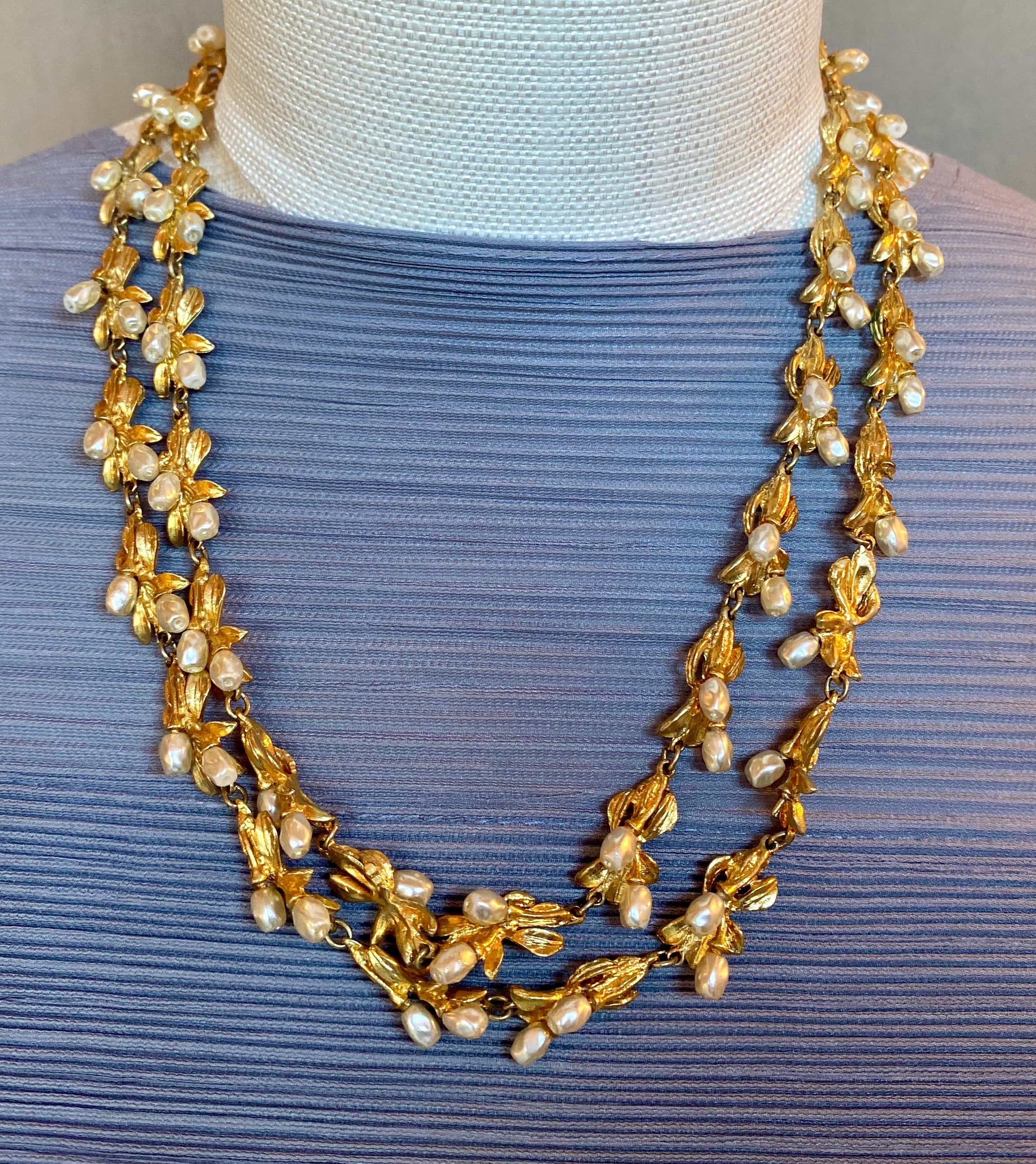 2 Row Pearl and Flowers Satin Gold