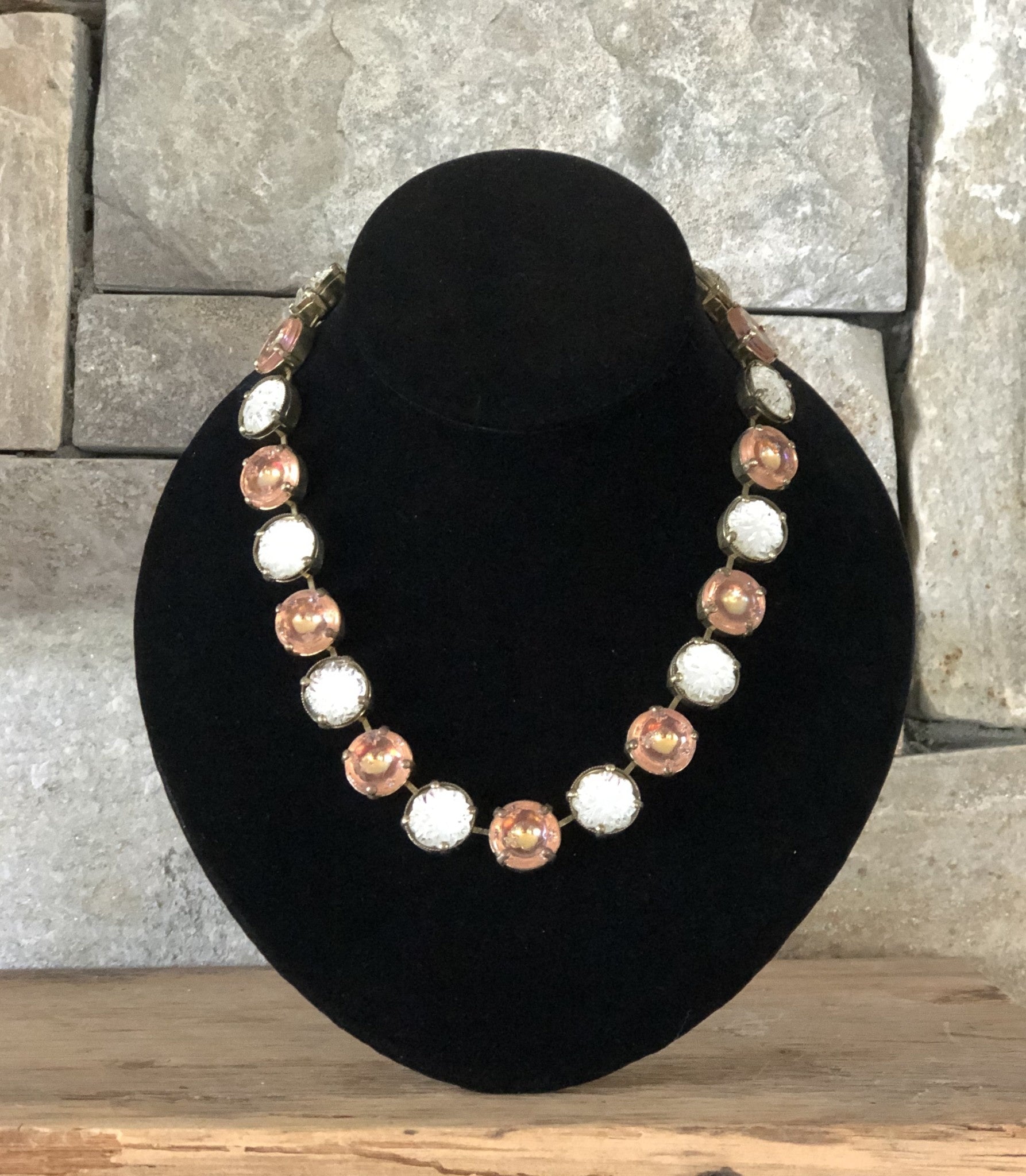 White & Pink Crystals W/ Silver Necklace