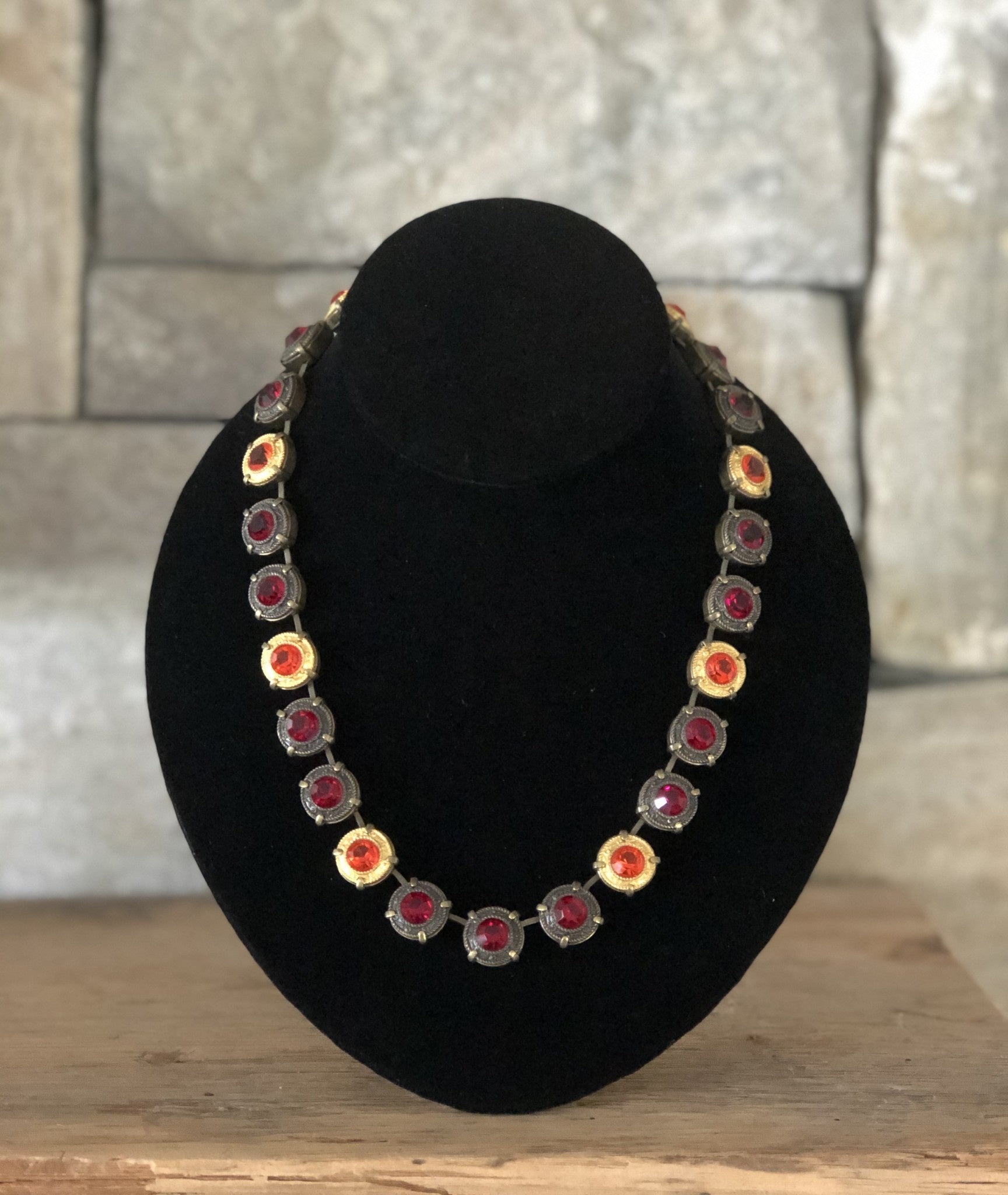 Antique Bronze Metal and Crystal Necklace