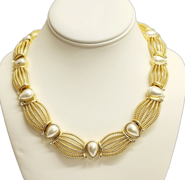 Gold/ Rhinestone With Teardrop Shaped Pearls Necklace