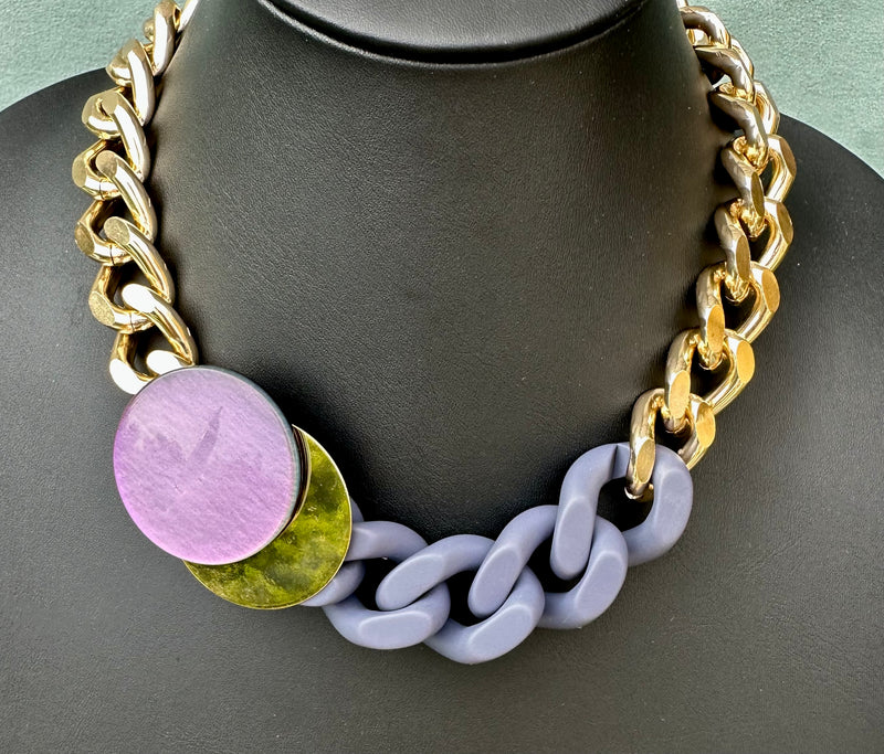 Purple Resin and Brass Discs on Chain