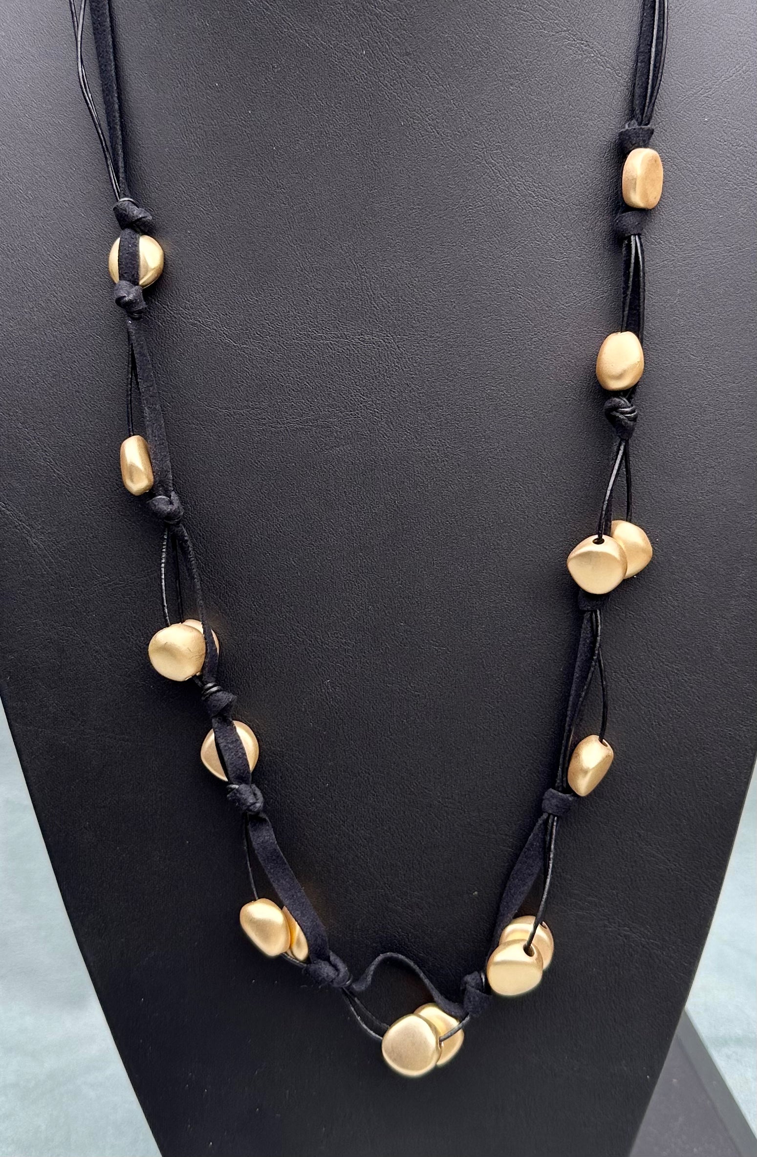 Gold Nuggets on Black Suede Long Necklaces