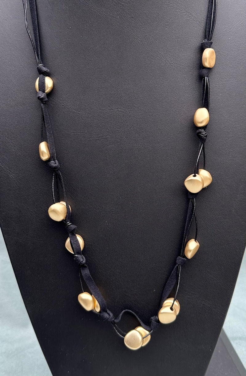 Gold Nuggets on Black Suede Long Necklace