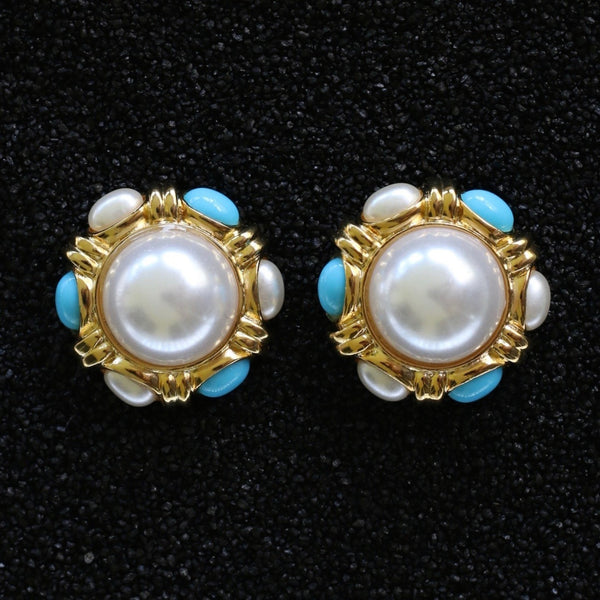 Gold, Turquoise And Pearl Button Clip Earring