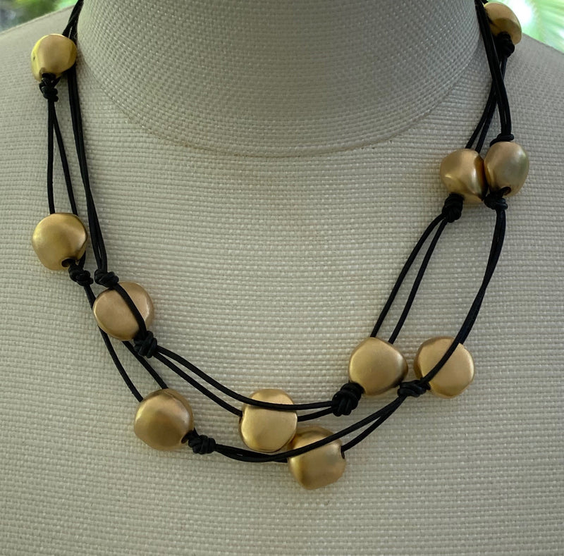 Matte Gold And Leather Long Necklace