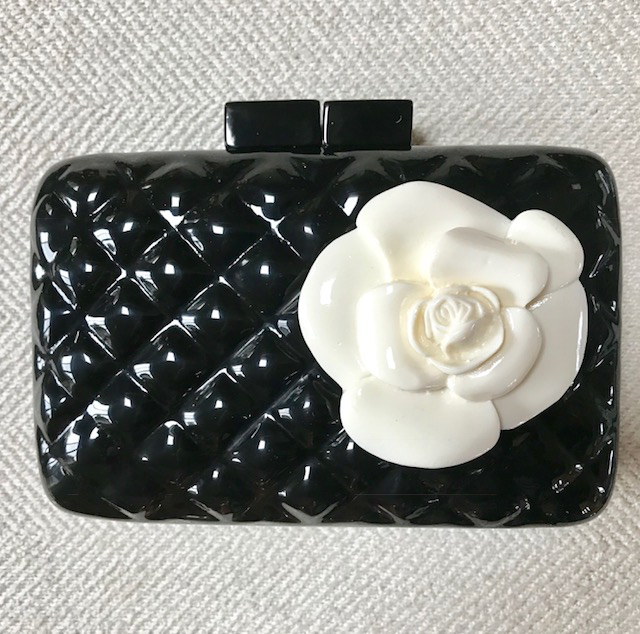 Black Quilted Clutch With White Rose