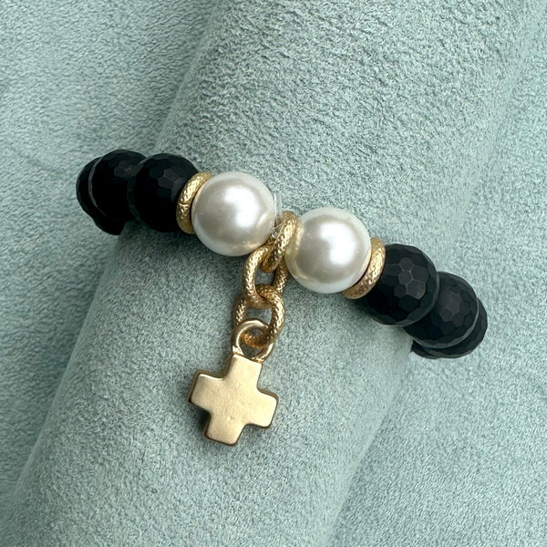 Agate Bead with Cross Charm Stretch Bracelet