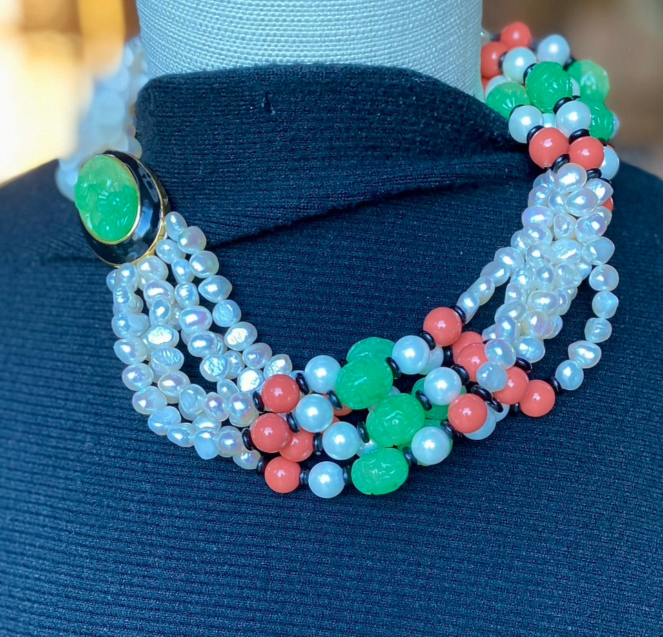 6 Row Freshwater Pearls Carved Colors