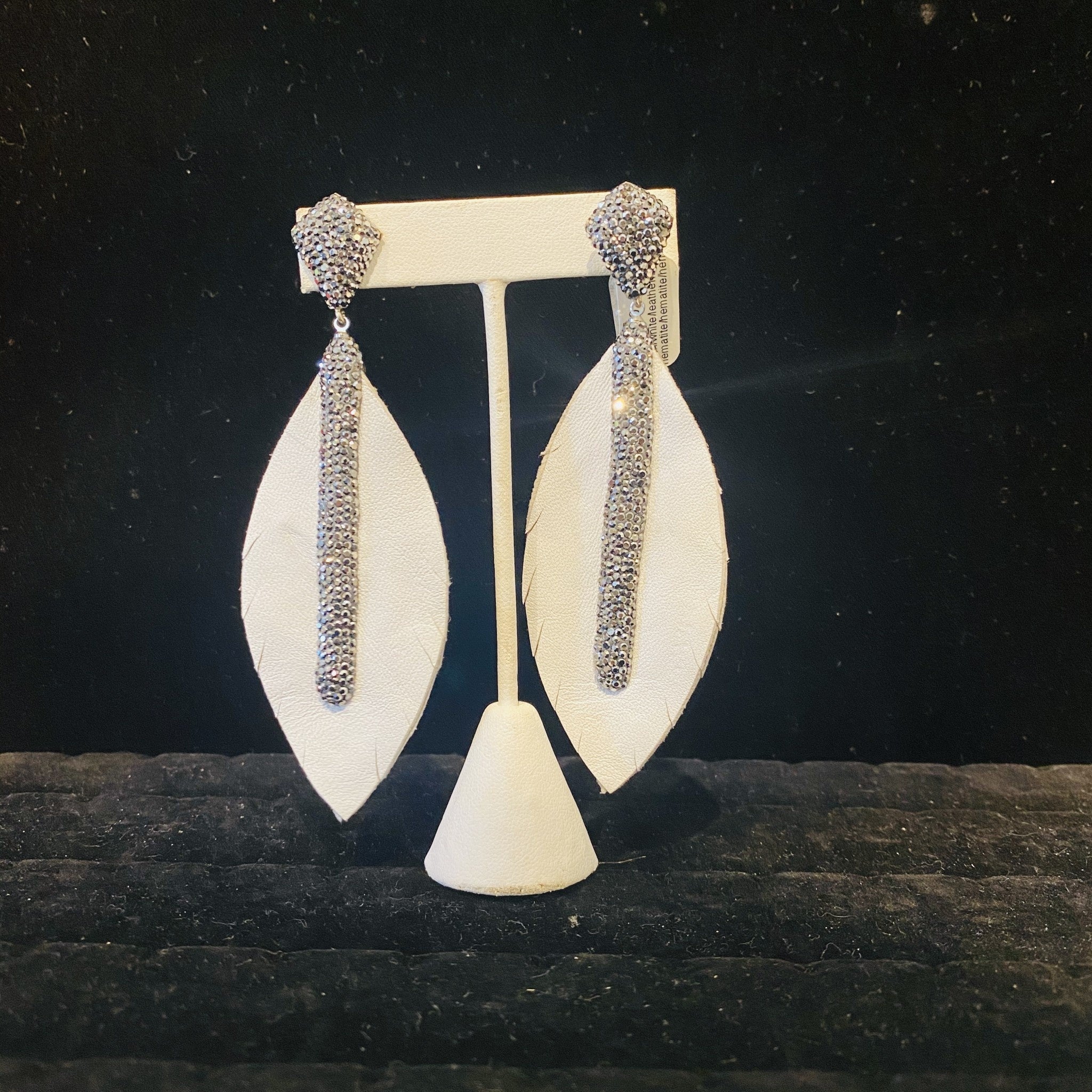 White Leather Feather And Hematite Pierced Earring