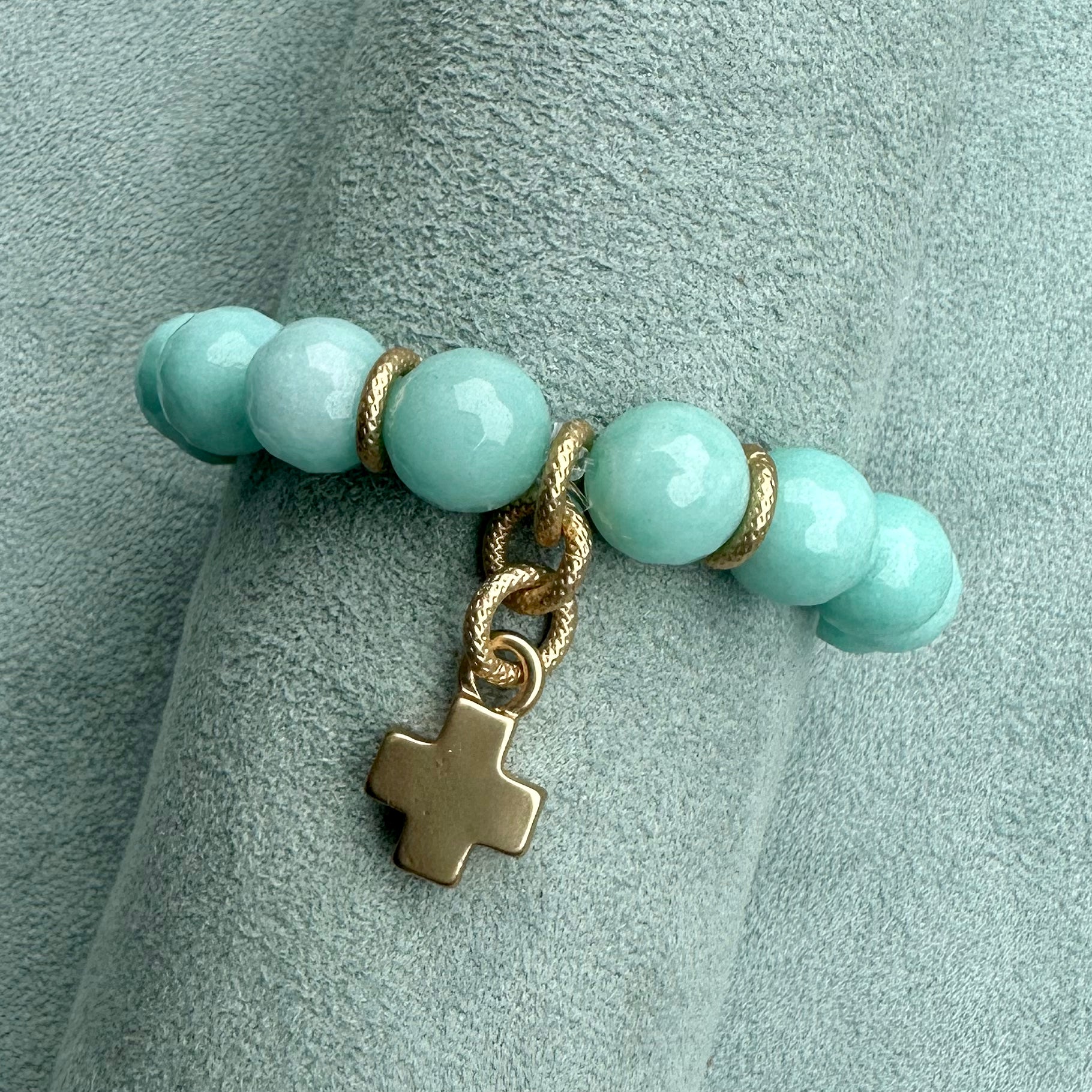Agate Bead with Cross Charm Stretch Bracelet