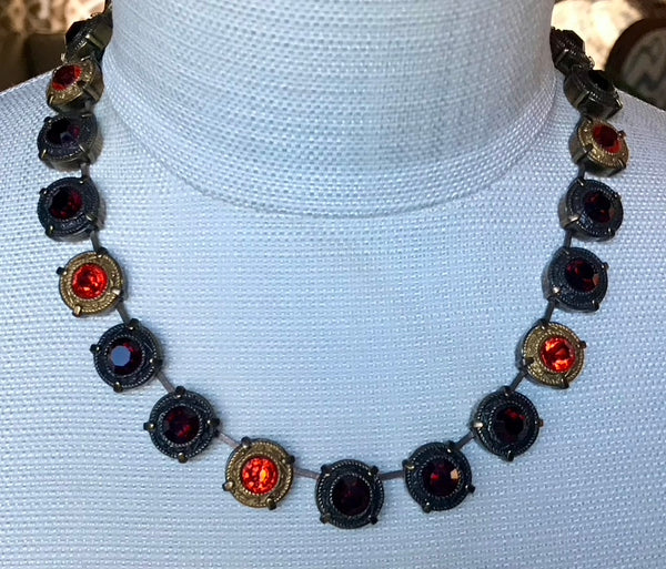 Antique Bronze Metal and Crystal Necklace