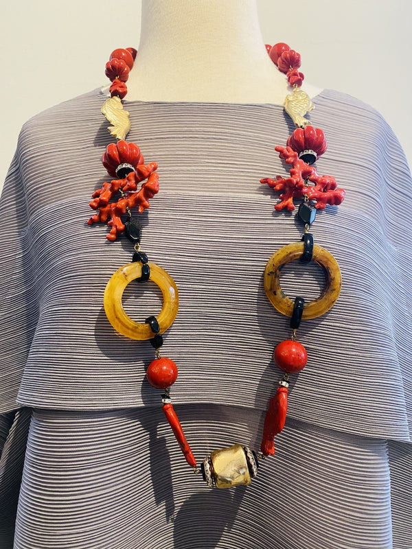 Red, Gold And Black Long Coral Necklace