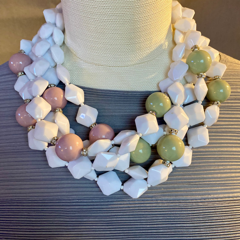 5 Strand White Pink Pale Green Beads
