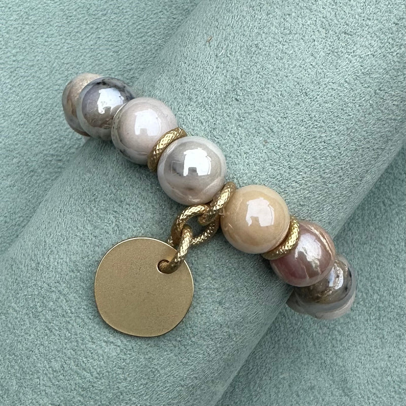 Agate Bead with Disc Charm Stretch Bracelet