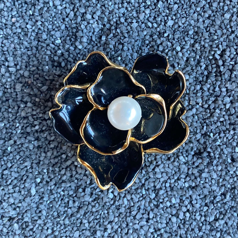 Polished Gold Black Enamel Flower