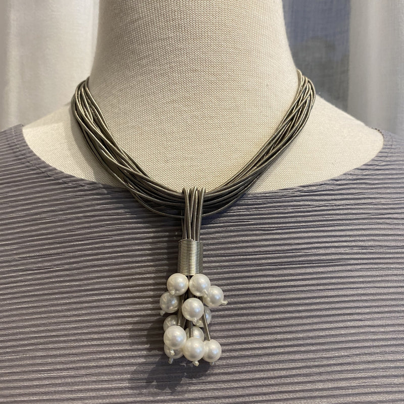 Grey Piano Wire W/ Pearls Necklace