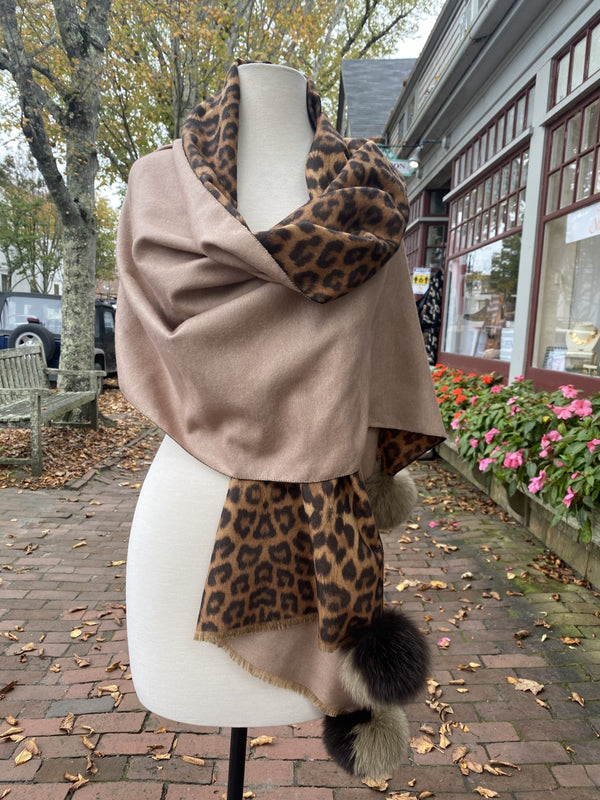 Leopard Print, Double Sided Shawl W/ Fox Fur Pom