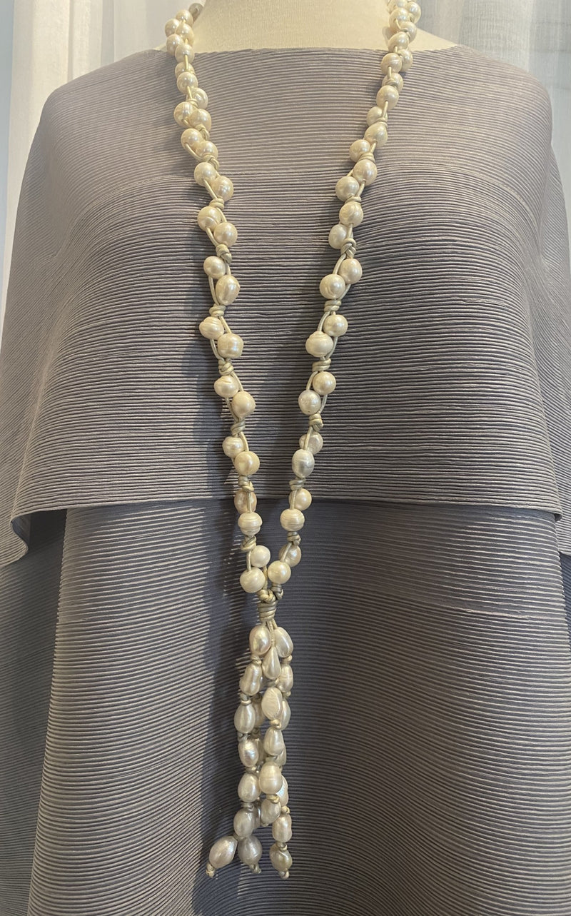 Long Pearl Necklace W/ Leather