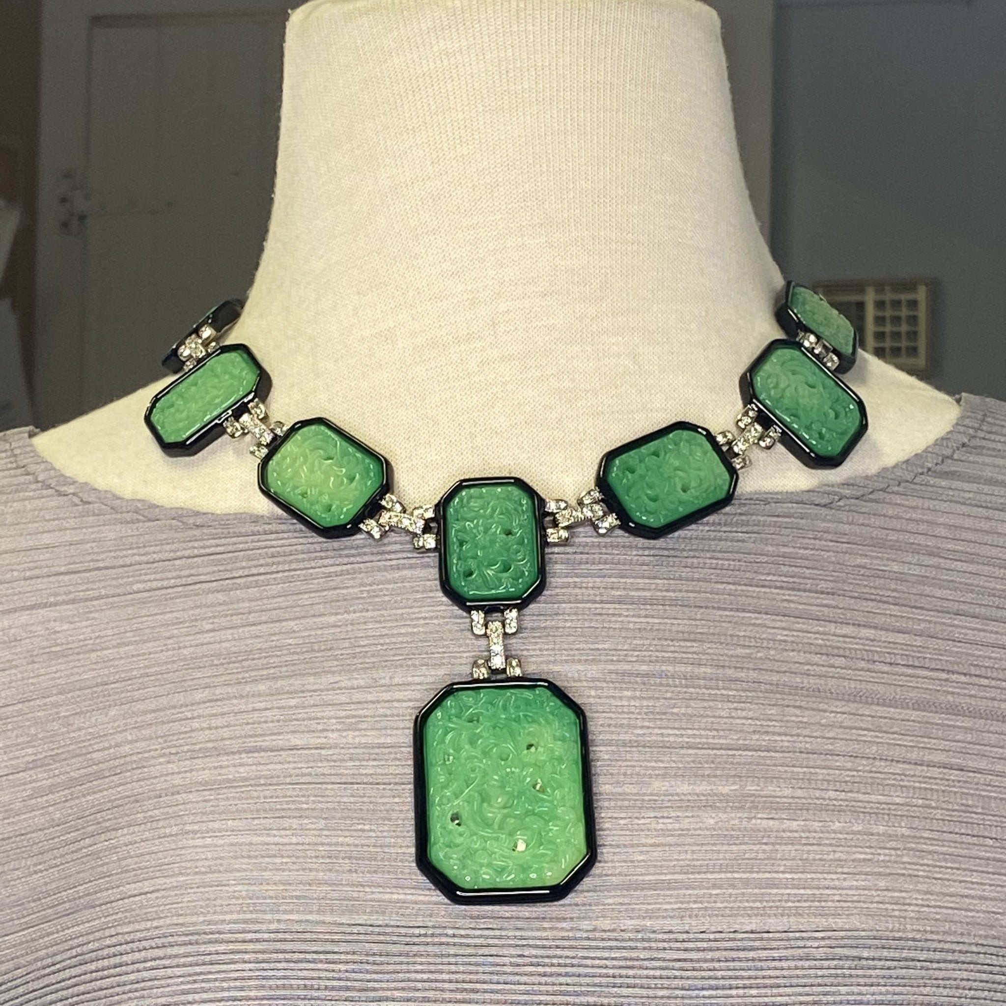 Deco Carved Jade w/ Black Necklace