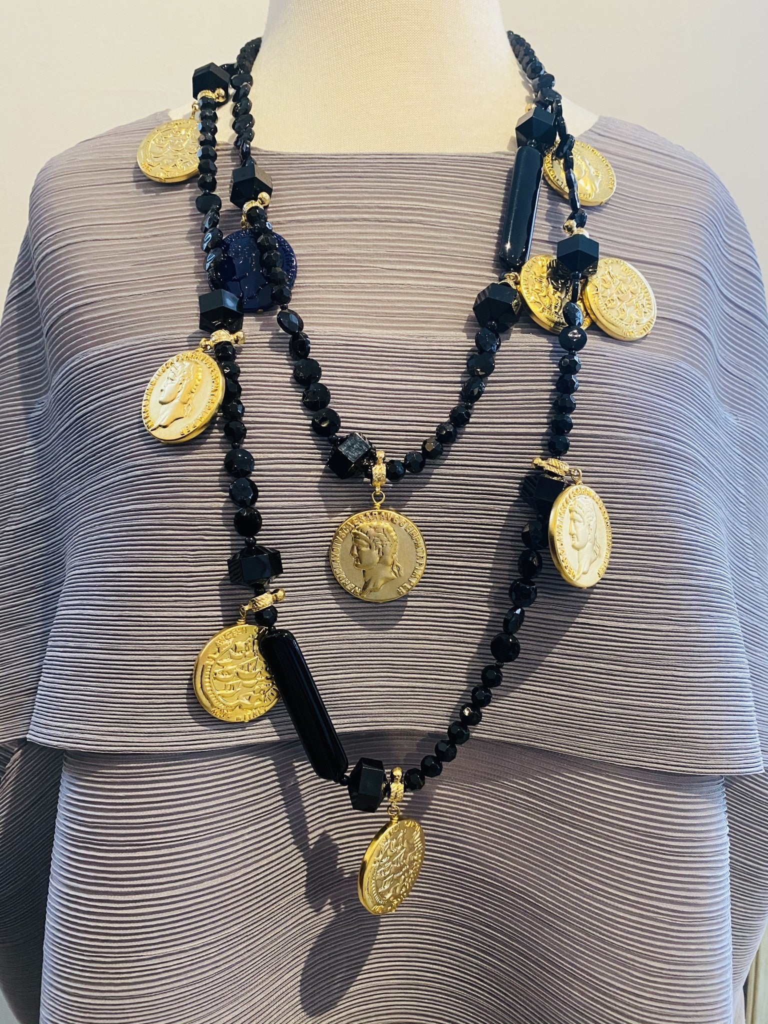 1 Long Strand Black W/ Gold Coins