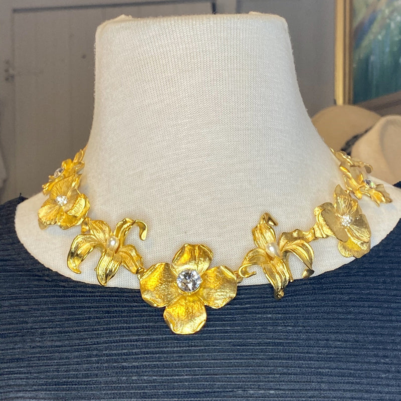 Satin Gold Flower W/ Crystals Necklace