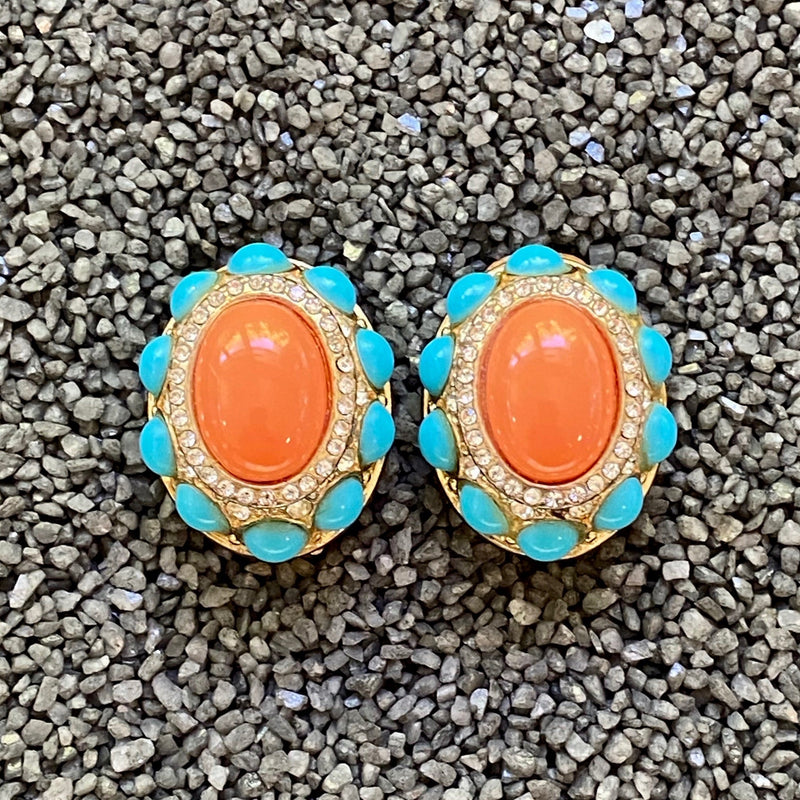 Oval Turquoise And Coral Clip Earring