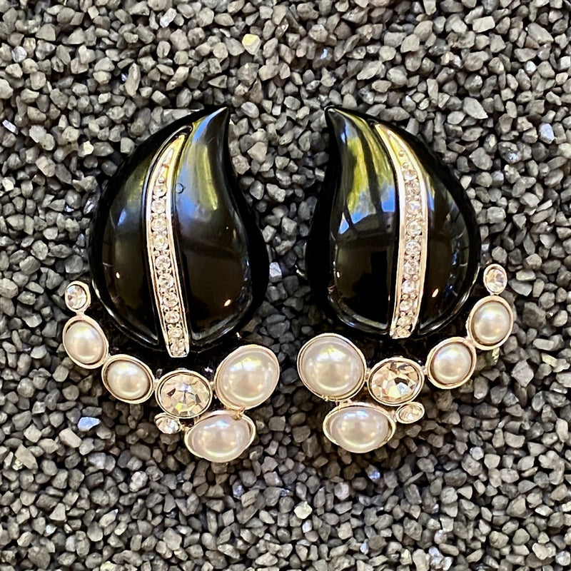 Black W/ Pearls Clip Earrings
