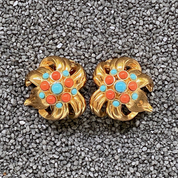 Gold W/ Coral And Turquoise Dots Clip Earrings
