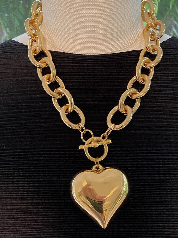 18” Gold Chain, 2” Heart Pendant Necklace