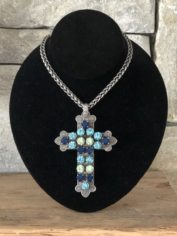 Blue Stones, Silver Chain Cross Necklace