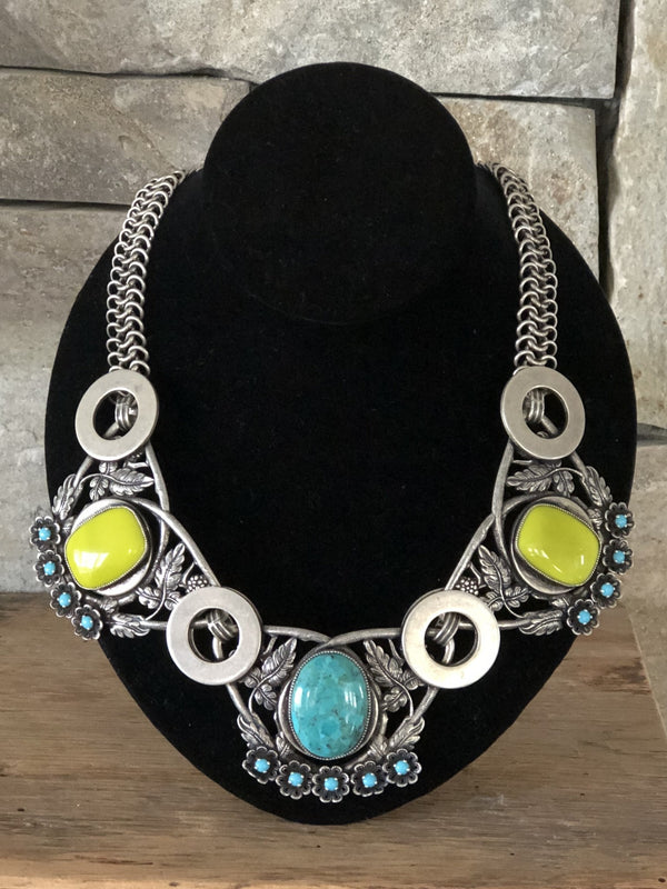 Antique Silver, Green And Blue Necklace