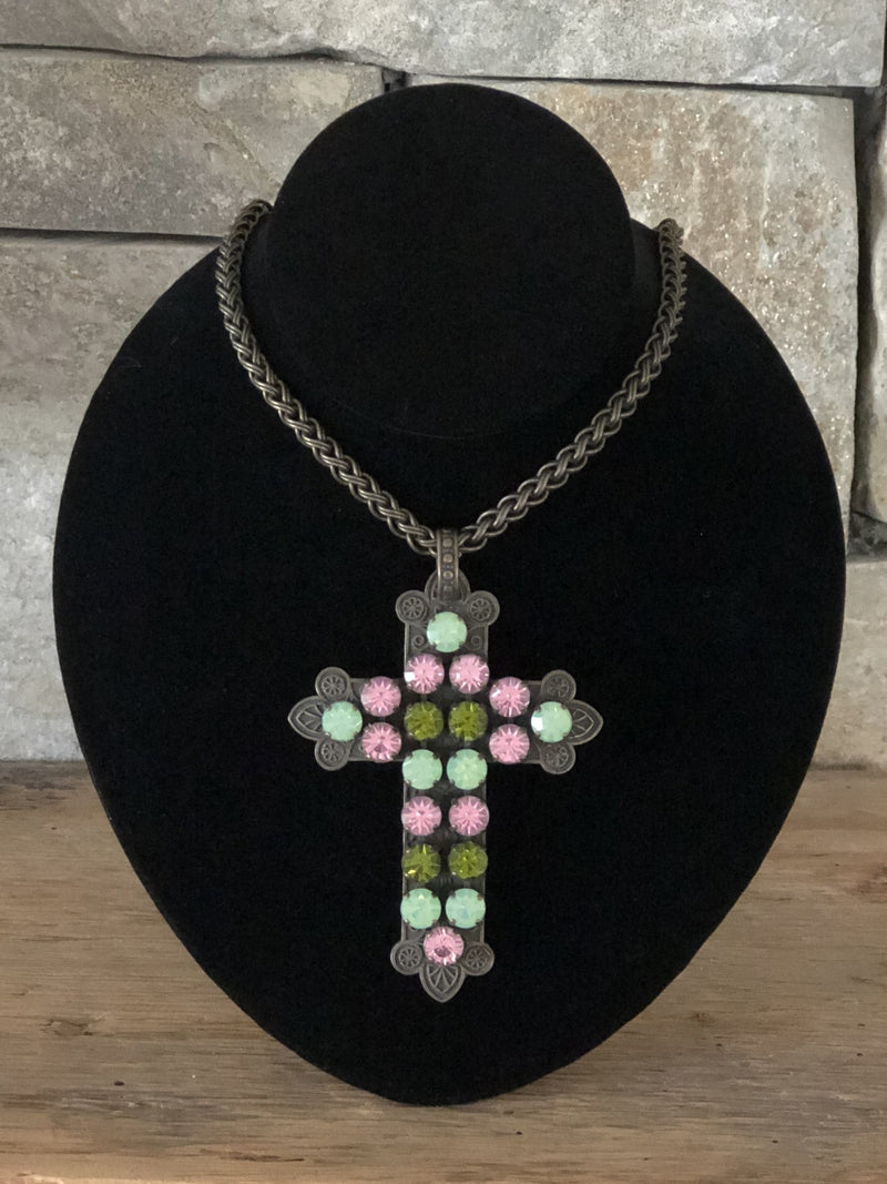 Bronze, Pink, Green Stones Cross Necklace
